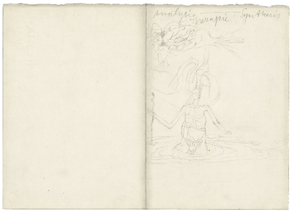 A horizontally oriented page with sketched forms on the right side in pencil.