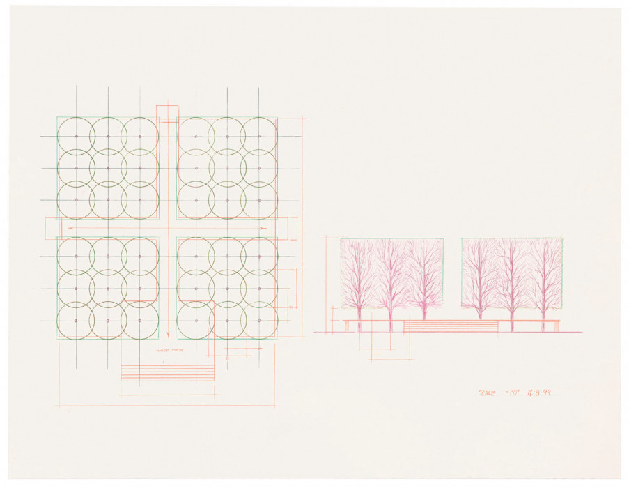 A blueprint illustrates an aerial view of a rectangular deck on the left and a frontal view of a tree-lined courtyard on the right.