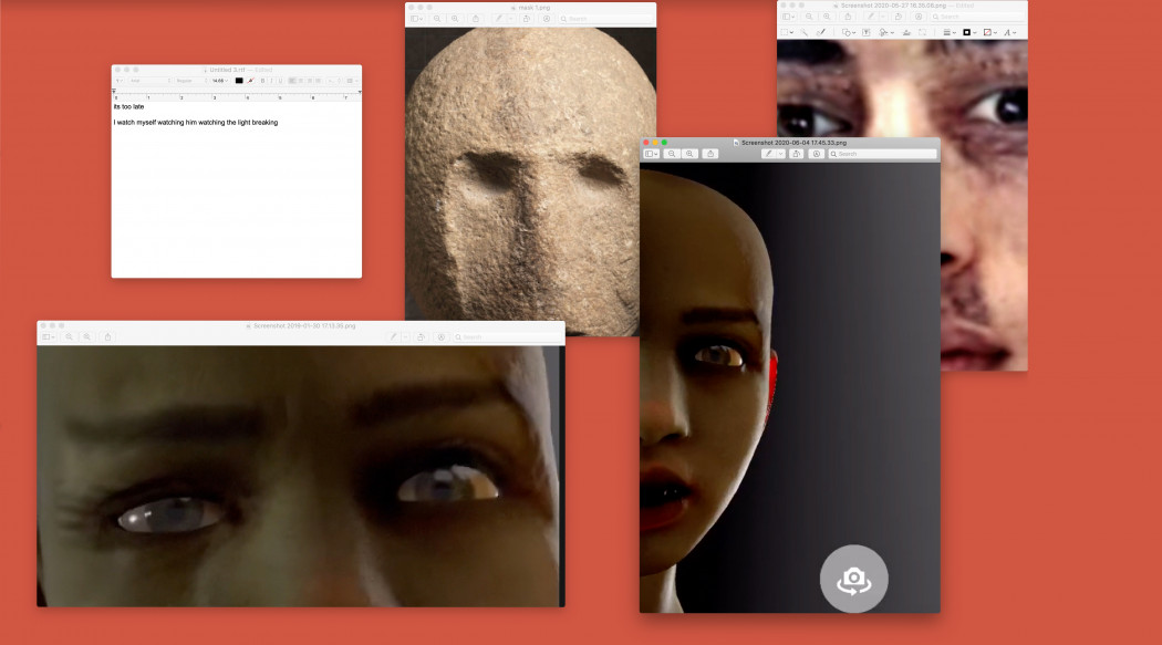 Layers of windows are open on a computer screen, mostly depicting sculptures, photos or renderings of human faces.
