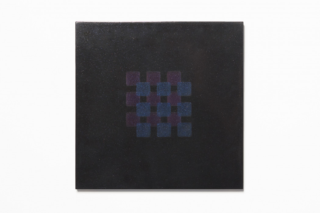 Square, black-speckled painting overlaid with two intersecting grids of 3 x 3 squares, blue atop purple.