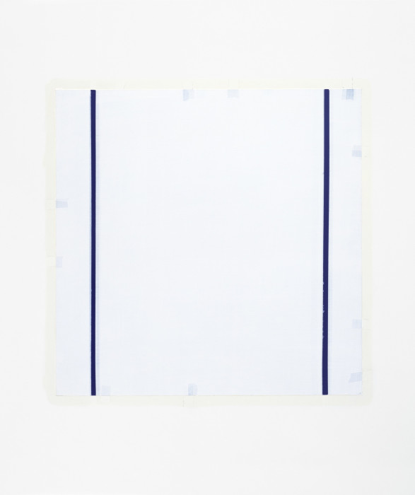 Square white painting featuring a thin blue vertical bar painted from top to bottom near the left and right sides and small light blue rectangles arranged sporadically along the edges. A beige varnish outline surrounds the entire painting.