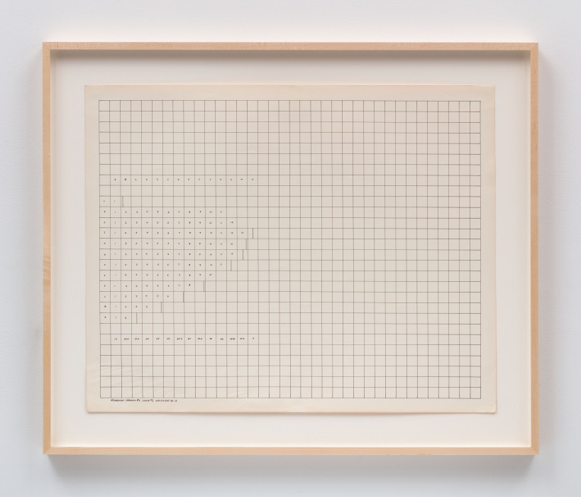 A framed drawing of a large grid with small squares on aged paper with some of the left side filled with letters and numbers.