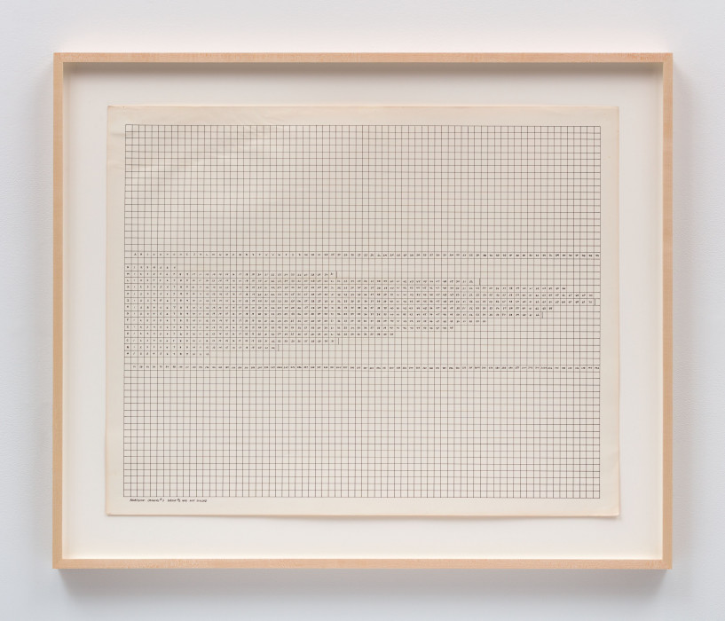 A framed drawing of a large grid of small squares on aged paper with some of the middle section of squares filled with letters and numbers.