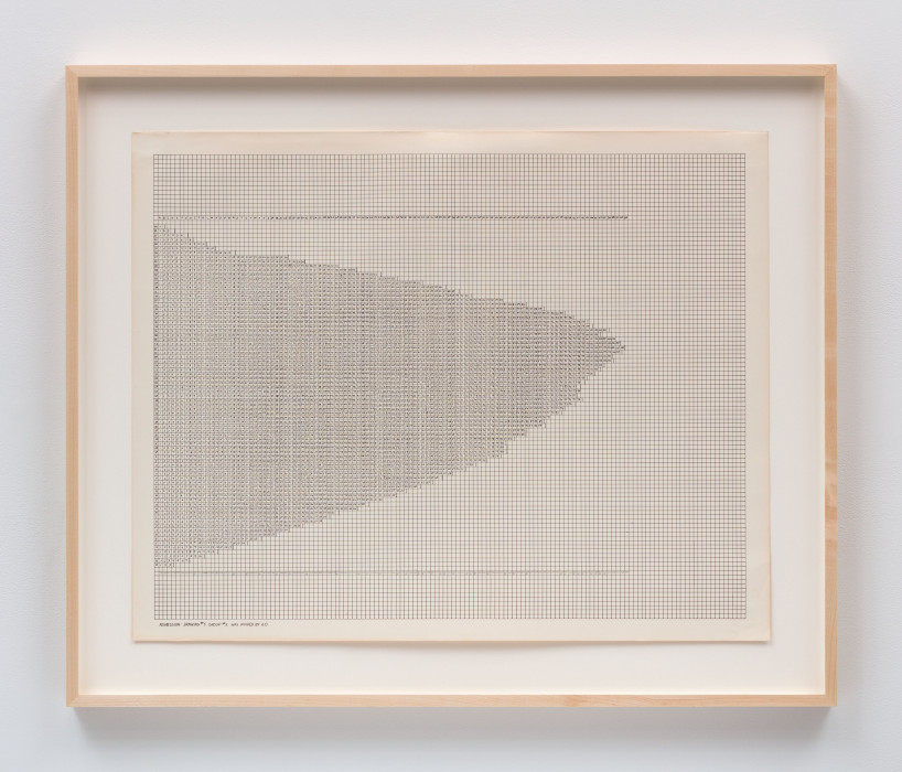A framed drawing of a large grid with very small squares on aged paper with the left side filled with a mass of letters and numbers. The filled squares extend to the right side in an arched form.
