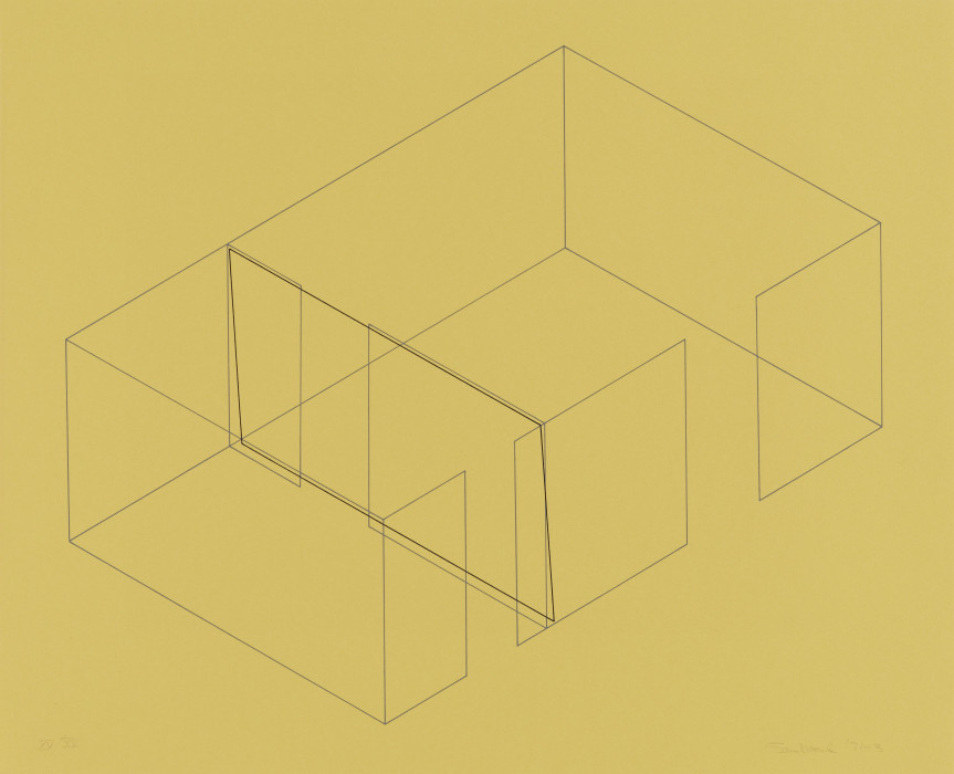 A gray line drawing of an aerial view of an architectural space is placed diagonally on a yellow background. A black rectangle is slightly offset from the middle 