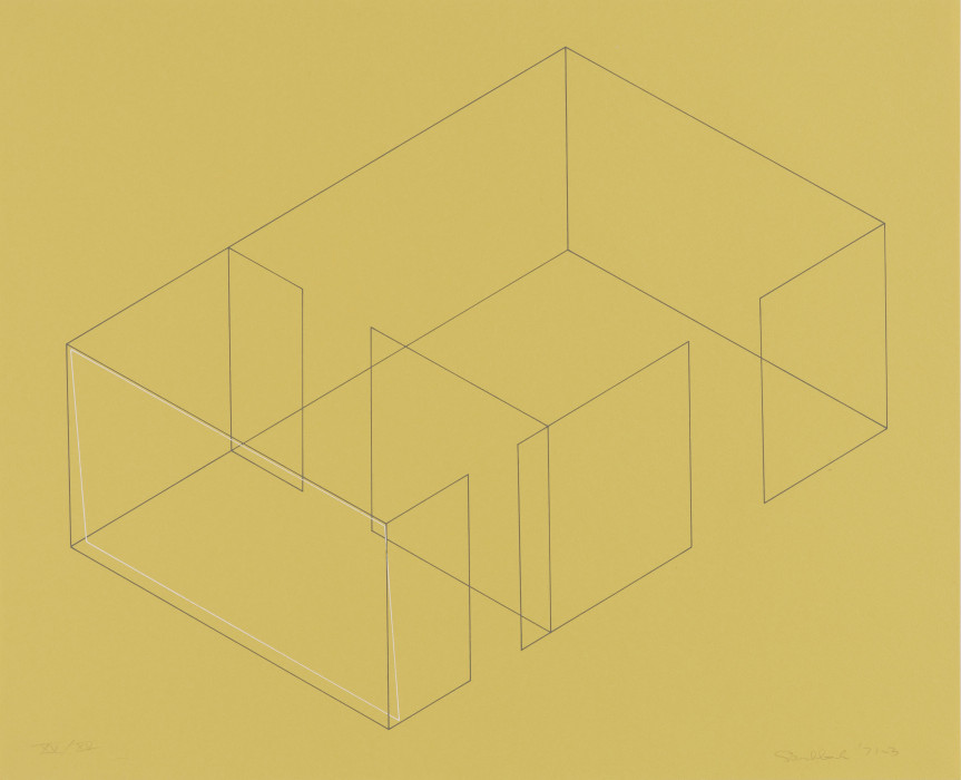 A gray line drawing of an aerial view of an architectural space is placed diagonally on a yellow background. A white rectangle is drawn in relation to the leftmost 