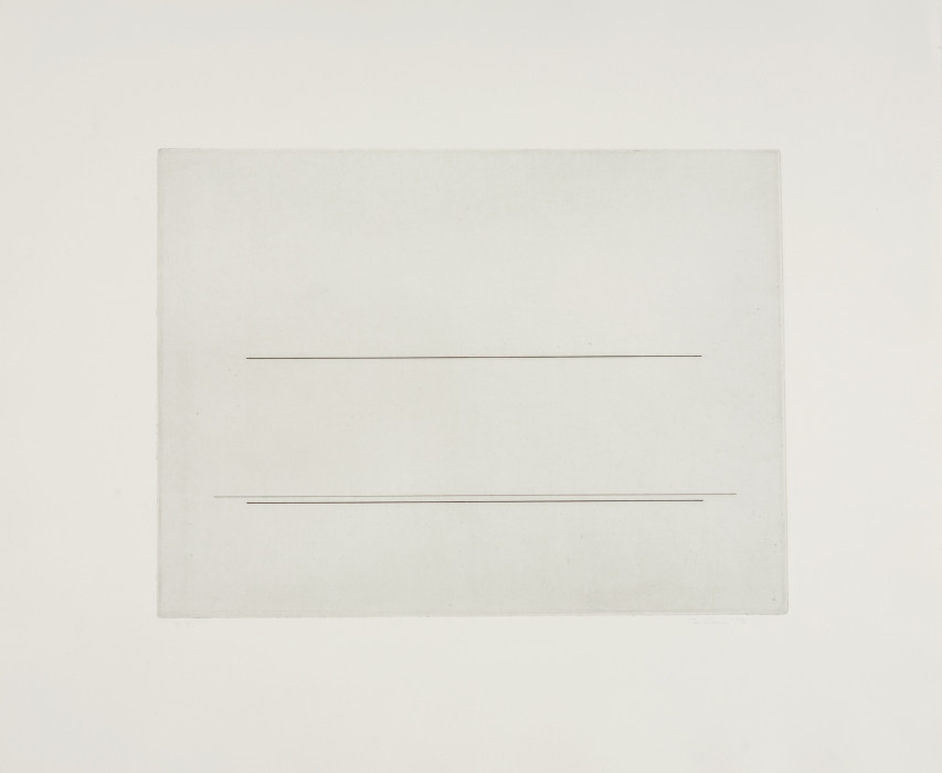 A line drawing on a gray background is framed by a larger gray sheet of paper. Three horizontal lines are centrally placed.