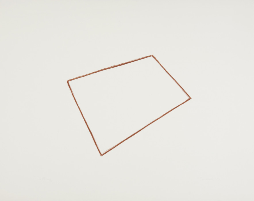 An irregularly shaped, brown outline of a rectangle is set at a diagonal on a rectangular, gray background.