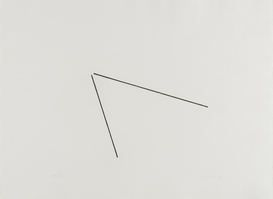 An off-white rectangle includes two centrally located, downward-facing black lines that form a nearly 45-degree angle.