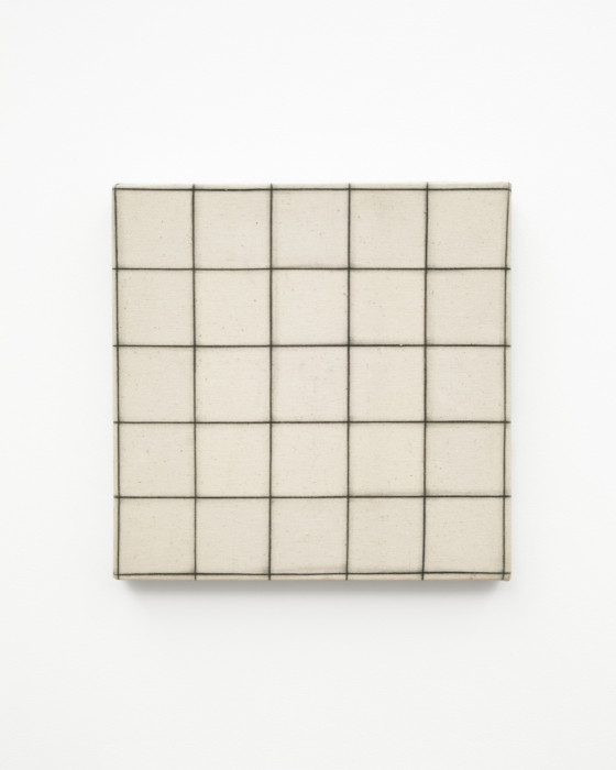 Thin black lines are painted in a grid over a square beige canvas.