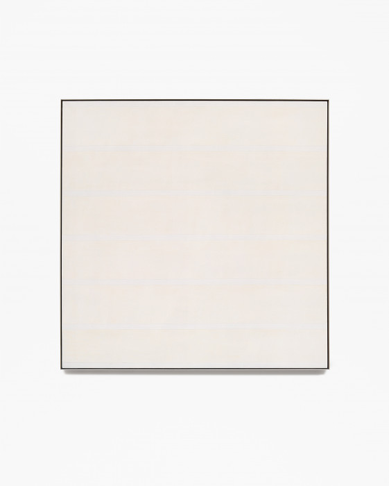 Square, framed painting of thick, horizontal, pale orange bands alternating with thin, bluish-white stripes.