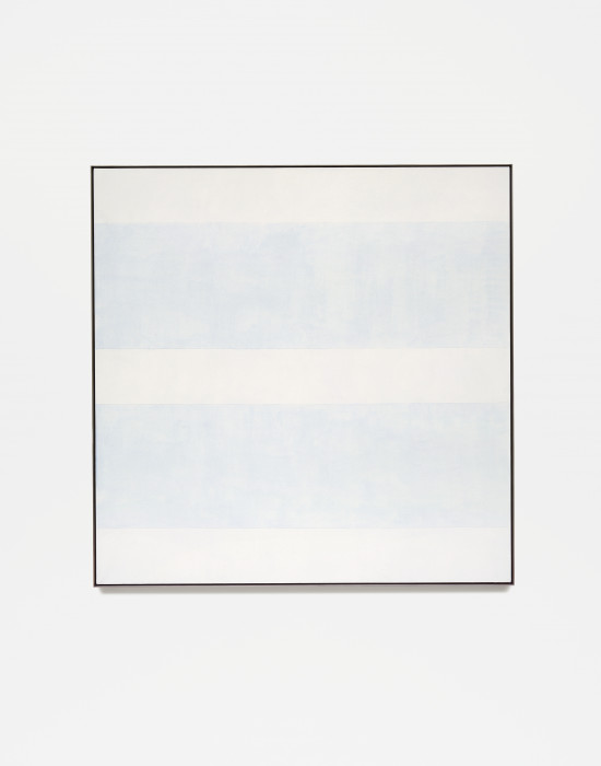 Square, framed painting with five alternating horizontal bands of light gray and pale blue.