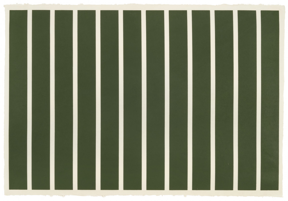 Twelve wide dark green bars lined up and forming a horizontal rectangle, with thinner bars of blank space dividing them.