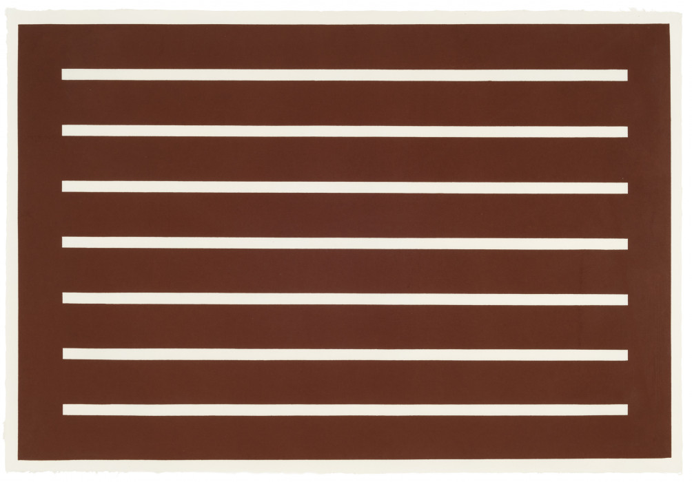 A horizontal  reddish brown rectangle with seven horizontal bars of blank space evenly spaced inside of it.