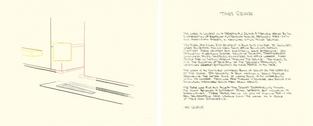 Two adjacent beige rectangular pieces of paper, the left displaying a multicolored line drawing, the right a block of handwritten text