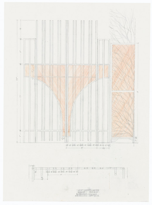 A sketch for iron gates at Dia Beacon, consisting primarily of a frontal view of the vertical bars, with a tree coming in from the right. Below is an aerial view of the gates, as well as text denoting dates and scale. Portions of the drawings are done in orange.