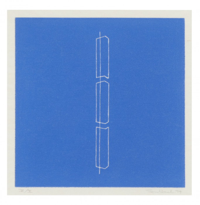 A square print of three portrait-oriented, irregular rectangular forms aligned on a straight vertical line. More area of the forms is offset to the right of the line. The negative space is ultramarine with a thin border.