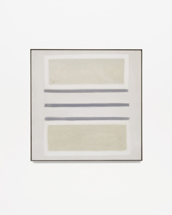 Square, beige, framed painting with three horizontal, blue-gray stripes at center and two horizontal, gold rectangles outlined in white placed above and below the stripes.