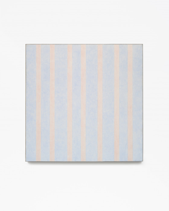 Square, framed painting with fifteen alternating vertical bands of pale orange and light blue.