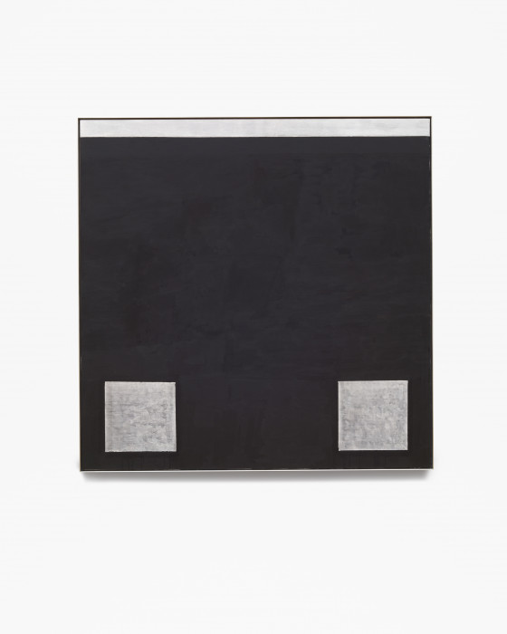 Square, black, framed painting with two silver squares at lower left and right corners and horizontal silver band along top edge.