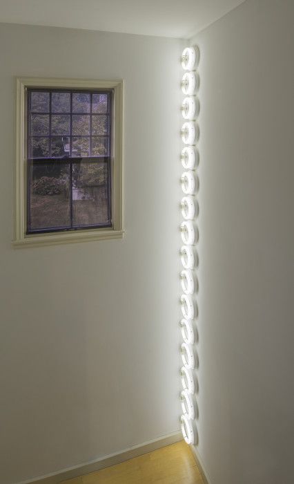 Sixteen circular, white, fluorescent lightbulbs are placed vertically in the corner of a white room next to a window.