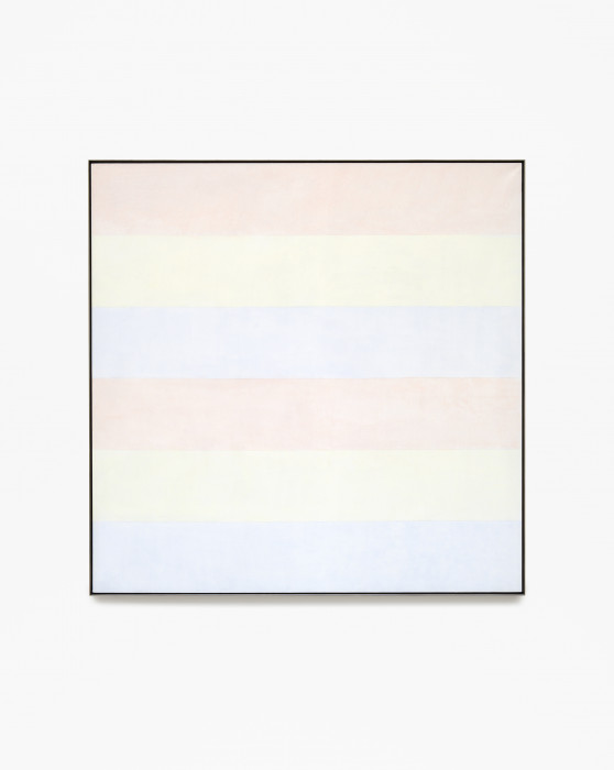 Square, framed painting with six alternating horizontal stripes of light pink, pale yellow, and light blue.