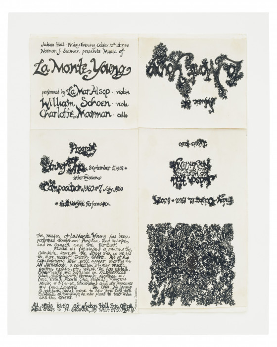 A vertical paper, with a verical and horizontal fold and black calligraphic text detailing a concert at Judson Hall on October 12 at 8:30pm.
