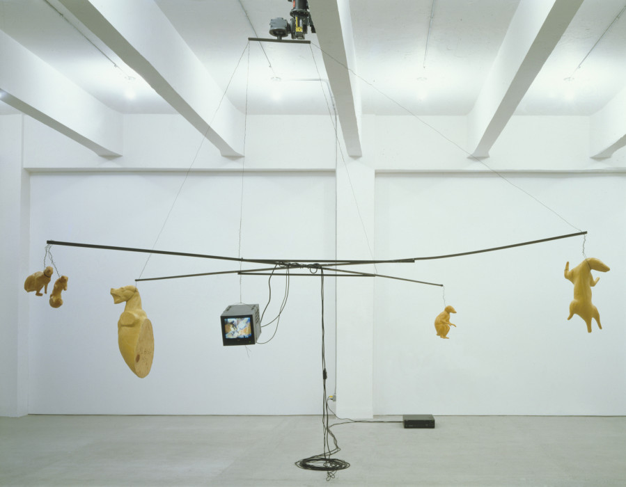 A rudimentary motorized carousel made of exposed poles and cord hangs from the ceiling of a white room. On the carousel hangs five yellow animal forms and a mini color television.
