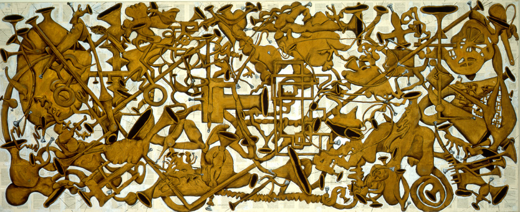 A large rectangular painting organized horizontally, of dynamic, golden forms in the shape of horns, pipes, and ornamental objects filling the canvas, on top of a background grid of printed pages of a books.