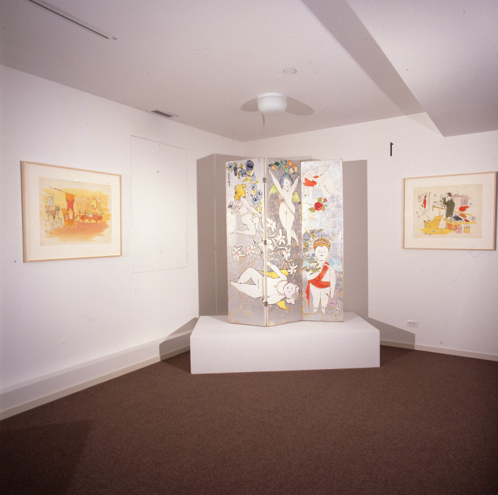 A tall three-paneled room screen painted silver with whimsical, mostly naked people and flowers is positioned in the corner on a platform. On each adjacent wall are framed color drawings of interiors.