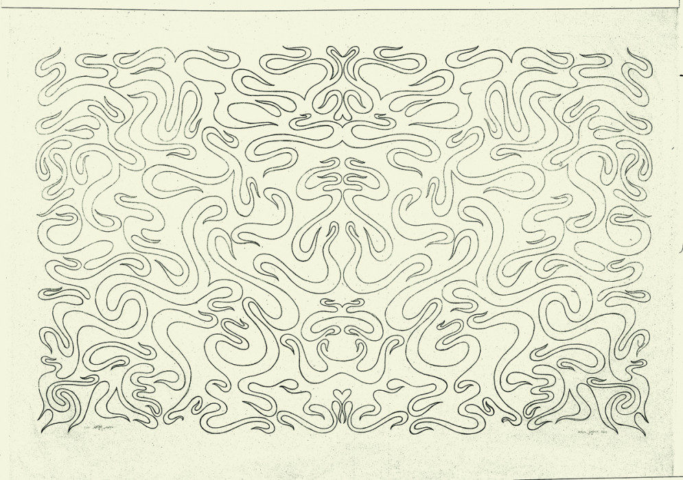 A symetrical and rectangular drawing filled with organic lines, curves, and snake-like forms.