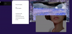 Layers of windows are open on a computer screen depicting the bottom half of a person's face, a short poem, and color-altered images of a landscape.