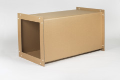 A brown industrial cardboard square tube segment sitting on its long side.