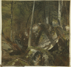 A square painting of large boulders in the middle of a forest.