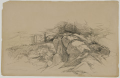 A pencil sketch of a large rock formation with surrounding foliage.