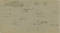 A series of architectural and hilltop pencil sketches on one piece of paper.