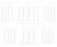 A blueprint illustrates various rectangular forms representing elevators, windows, doors, and fire exits.