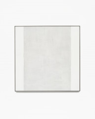 Square, framed painting with a thick, vertical, gray band at center and two thin, vertical, white bands along left and right edges.