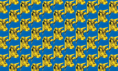 A repeating image of a yellow cow head on a blue background.