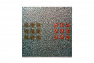 Square, green-speckled painting overlaid with two 3 x 3 grids of dark orange squares at center left and sparkly red squares at center right.