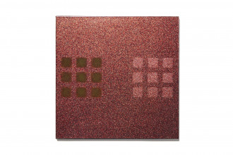 Square, sparkly red-orange painting overlaid with two 3 x 3 grids of dark green squares at center left and pink squares at center right.