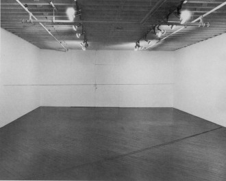 Two horizontal lines stretch from one end of a room to the other in this black-and-white image: one near the ground and the other midway between the floor and ceiling.  