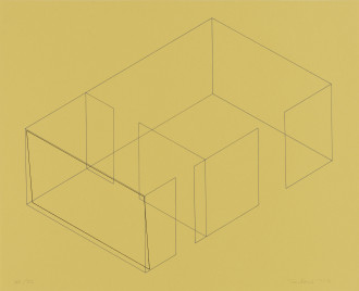 A gray line drawing of an aerial view of an architectural space is placed diagonally on a yellow background. A black rectangle is drawn in relation to the leftmost 