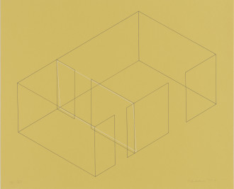 A gray line drawing of an aerial view of an architectural space is placed diagonally on a yellow background. A white rectangle is slightly offset from the middle 