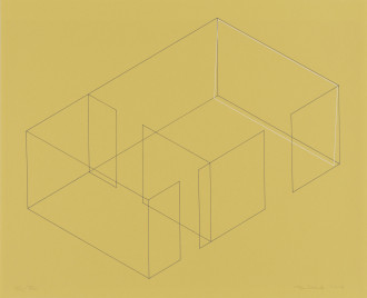 A gray line drawing of an aerial view of an architectural space is placed diagonally on a yellow background. A white rectangle is slightly offset from the rightmost 