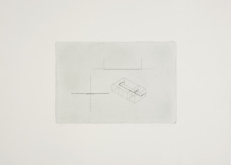 A line drawing on a gray background is framed by a larger gray sheet of paper. The drawing consists of various abstract lines and shapes.