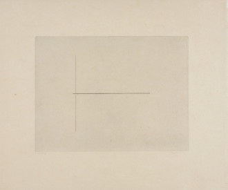 A line drawing on a beige background is framed by a larger beige sheet of paper. A vertical line is split in half by a smaller horizontal line.