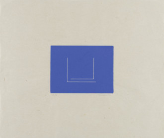 A small, blue rectangle with two L-shaped, tan lines is centrally placed on a horizontally oriented, rectangular, tan background. A faint signature and inscription are visible beneath the blue rectangle.