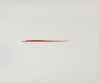 Two parallel, horizontally oriented, red lines are centrally placed on a horizontally oriented, rectangular, light-gray background. The lower line is slightly longer than the upper line.