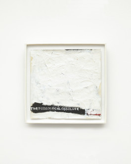 A square canvas coated in thick, textured white paint features a small black bar with the phrase 
